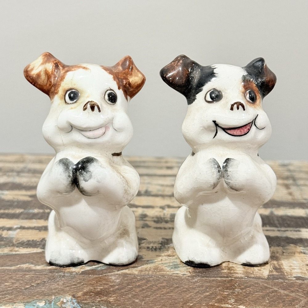 MCM Vintage Puppies Dogs Ceramic Salt Pepper Shakers Dog Standing VTG